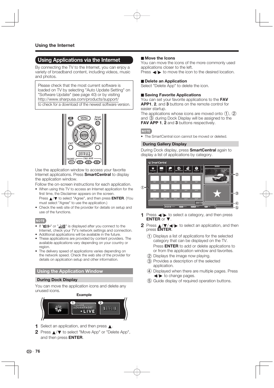 Using applications via the internet, Using the internet, Using the application window | Sharp LC-90LE745U User Manual | Page 78 / 98