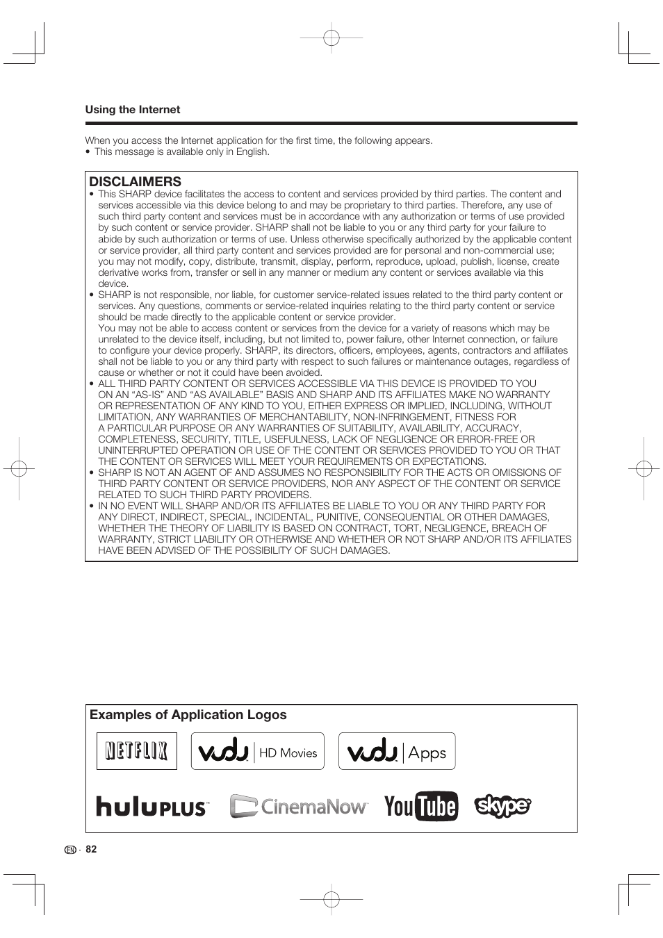 Disclaimers, Examples of application logos | Sharp LC-90LE745U User Manual | Page 84 / 98