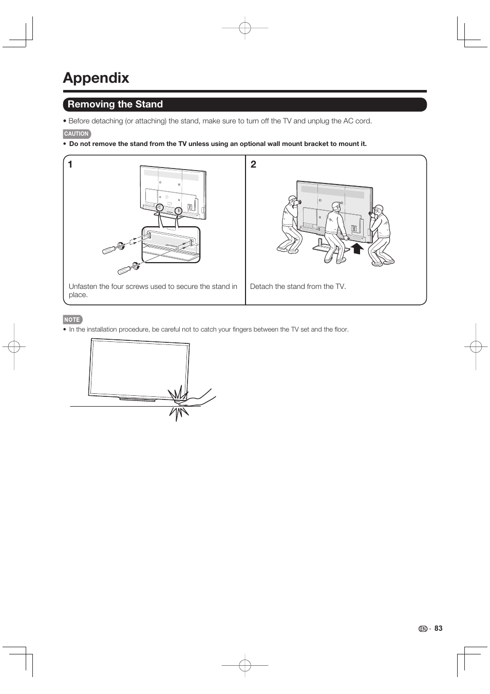 Appendix, Removing the stand | Sharp LC-90LE745U User Manual | Page 85 / 98