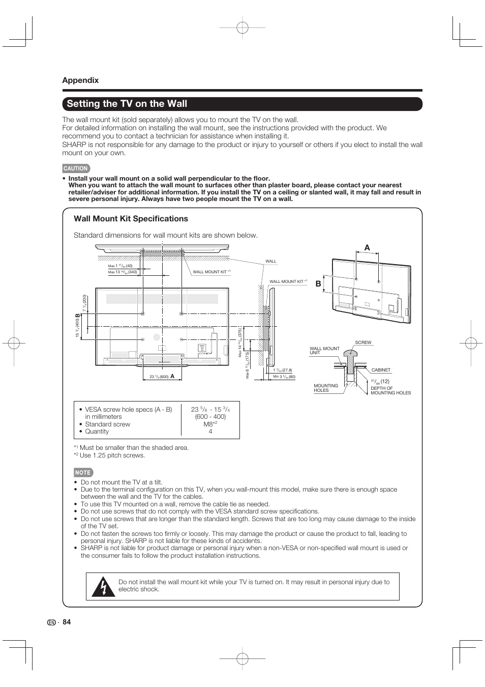 Setting the tv on the wall, Appendix, Wall mount kit speciﬁ cations | Sharp LC-90LE745U User Manual | Page 86 / 98