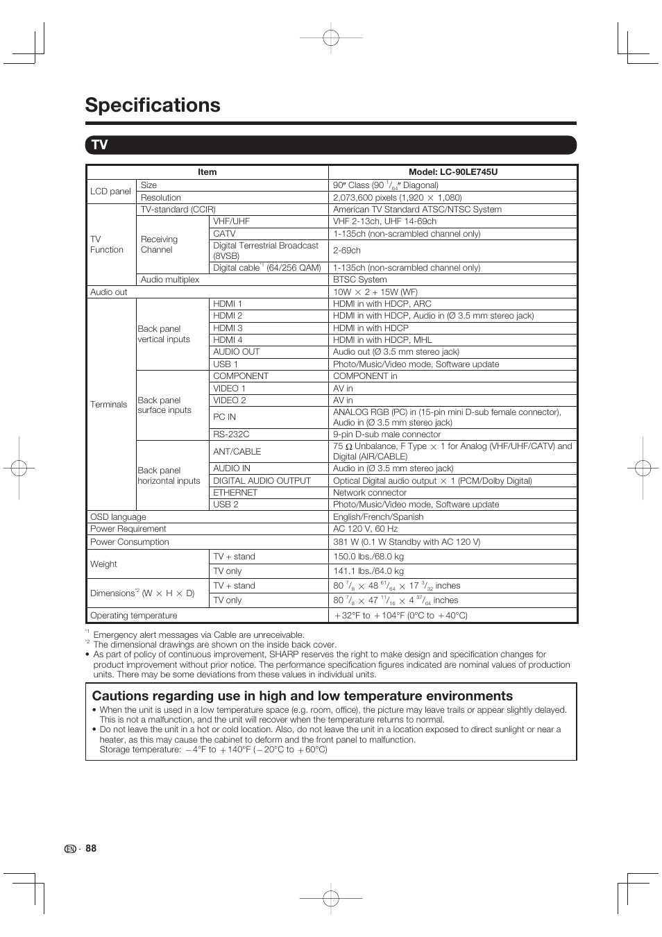 Specifications, Speciﬁ cations | Sharp LC-90LE745U User Manual | Page 90 / 98