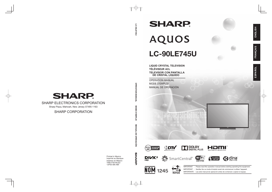 Sharp electronics corporation, Sharp corporation | Sharp LC-90LE745U User Manual | Page 98 / 98