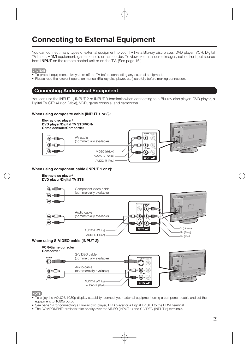 Connecting to external equipment, Connecting audiovisual equipment | Sharp Aquos LC 46BD80UN User Manual | Page 15 / 65