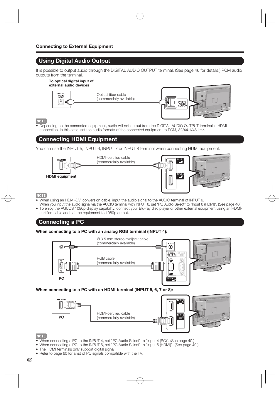 Using digital audio output, Connecting hdmi equipment, Connecting a pc | Sharp Aquos LC 46BD80UN User Manual | Page 16 / 65