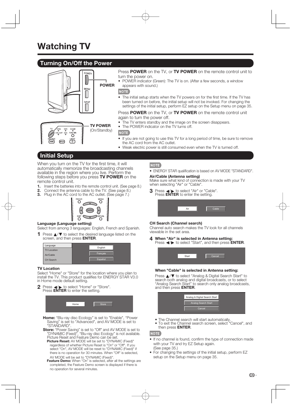 Watching tv, Turning on/off the power, Initial setup | Sharp Aquos LC 46BD80UN User Manual | Page 17 / 65