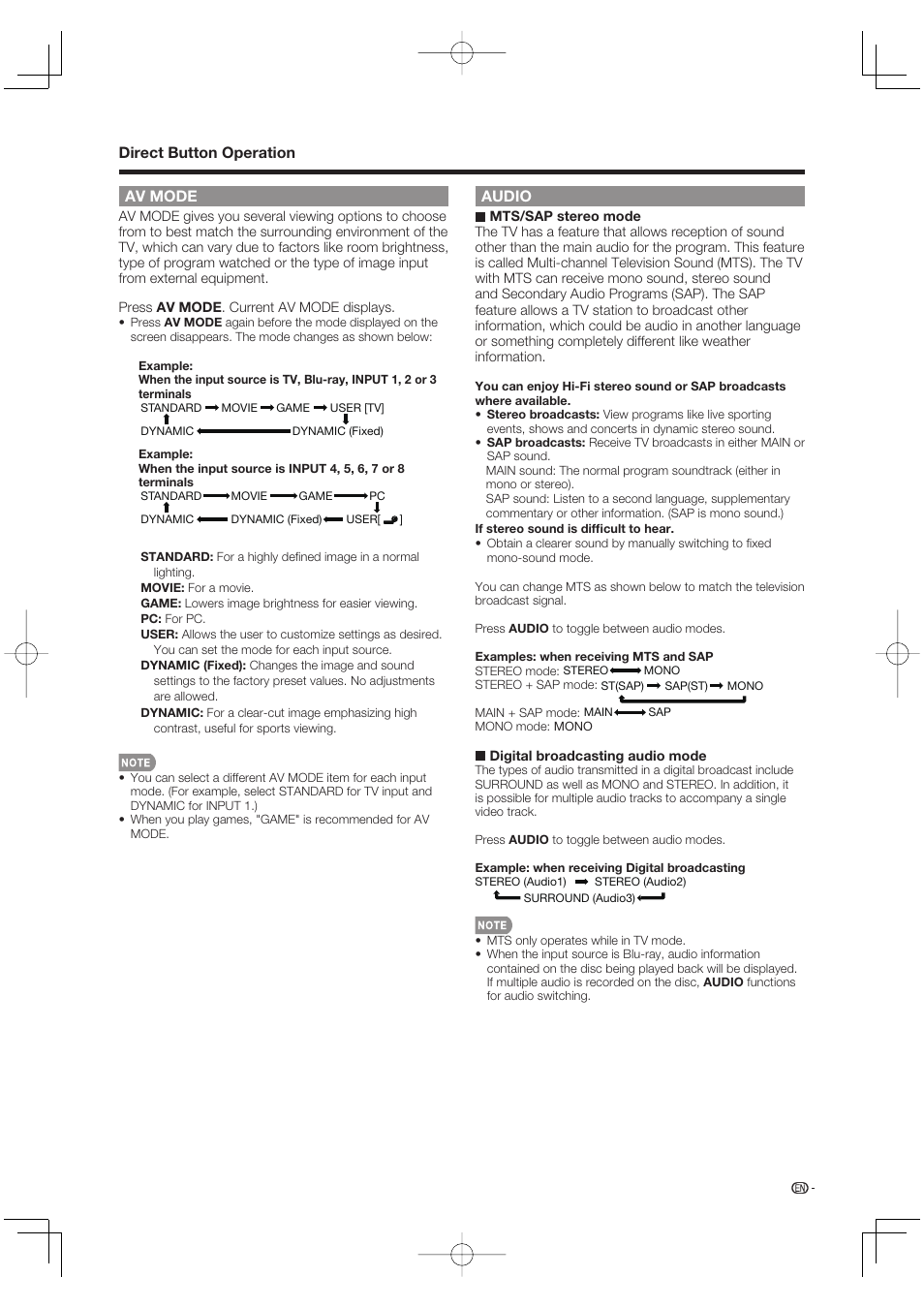 Av mode, Direct button operation audio | Sharp Aquos LC 46BD80UN User Manual | Page 19 / 65