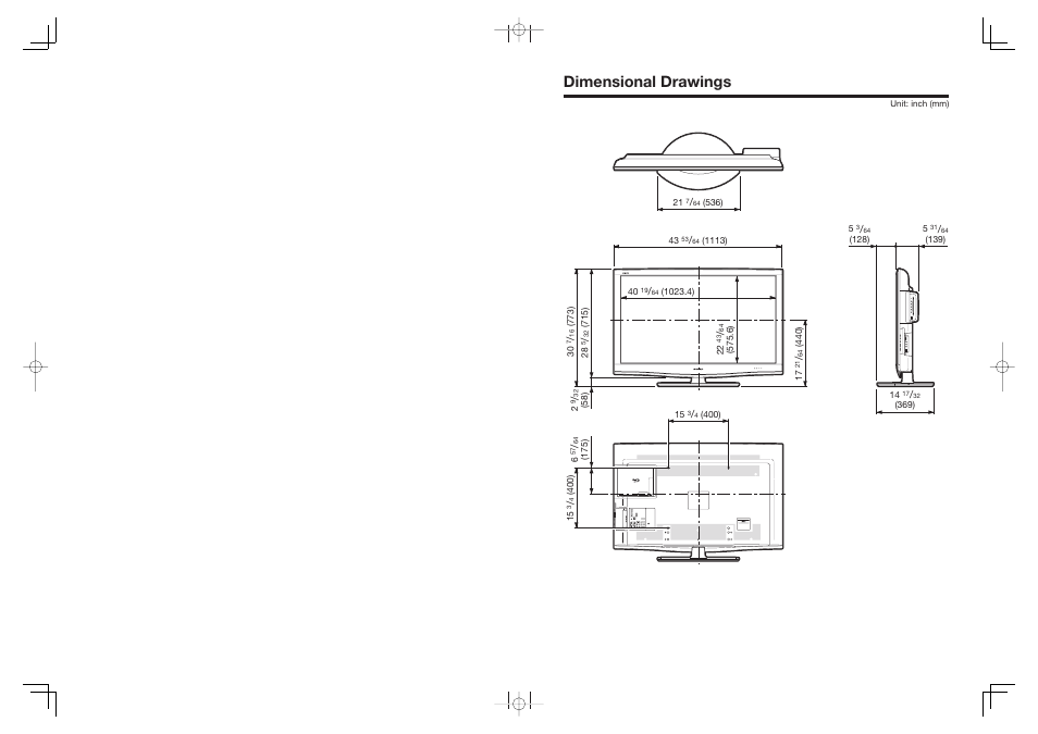 Dimensional drawings | Sharp Aquos LC 46BD80UN User Manual | Page 2 / 65