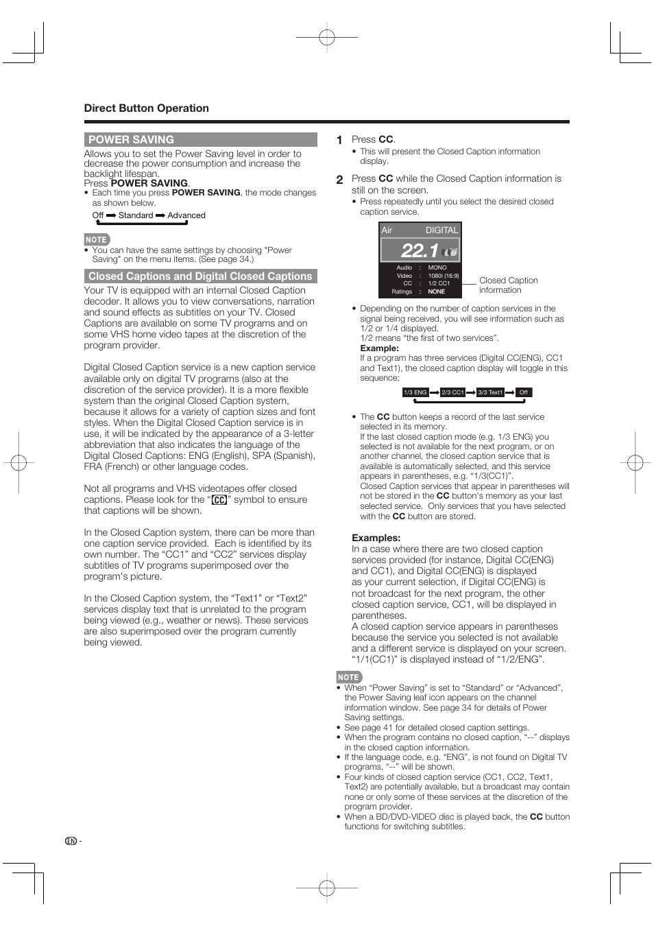 Power saving, Closed captions and digital closed captions, Direct button operation | Sharp Aquos LC 46BD80UN User Manual | Page 20 / 65