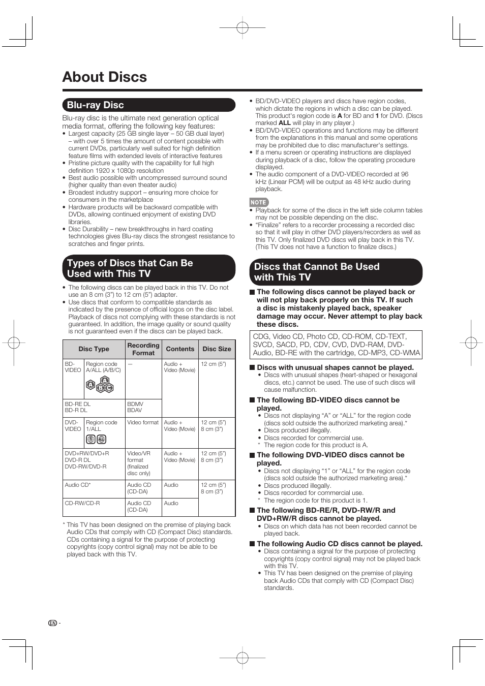 About discs, Blu-ray disc, Types of discs that can be used with this tv | Discs that cannot be used with this tv | Sharp Aquos LC 46BD80UN User Manual | Page 22 / 65