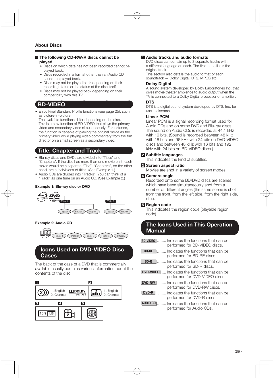 Bd-video, Title, chapter and track, Icons used on dvd-video disc cases | The icons used in this operation manual | Sharp Aquos LC 46BD80UN User Manual | Page 23 / 65