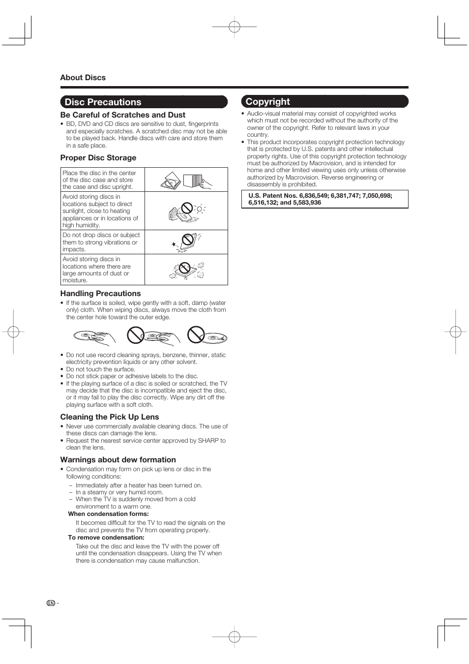 Disc precautions, Copyright | Sharp Aquos LC 46BD80UN User Manual | Page 24 / 65