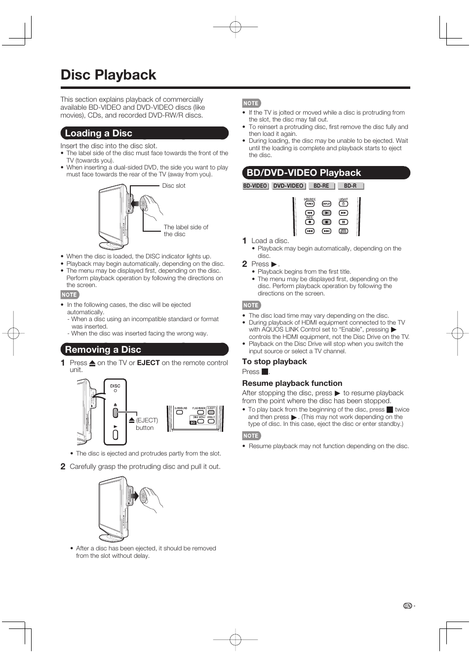 Disc playback, Loading a disc, Removing a disc | Bd/dvd-video playback | Sharp Aquos LC 46BD80UN User Manual | Page 25 / 65