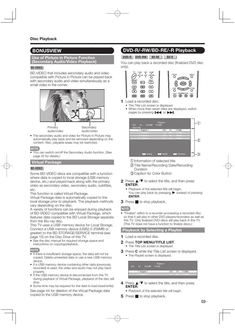 Bonusview, Dvd-r/-rw/bd-re/-r playback, Playback by selecting a playlist | Virtual package, Disc playback | Sharp Aquos LC 46BD80UN User Manual | Page 27 / 65