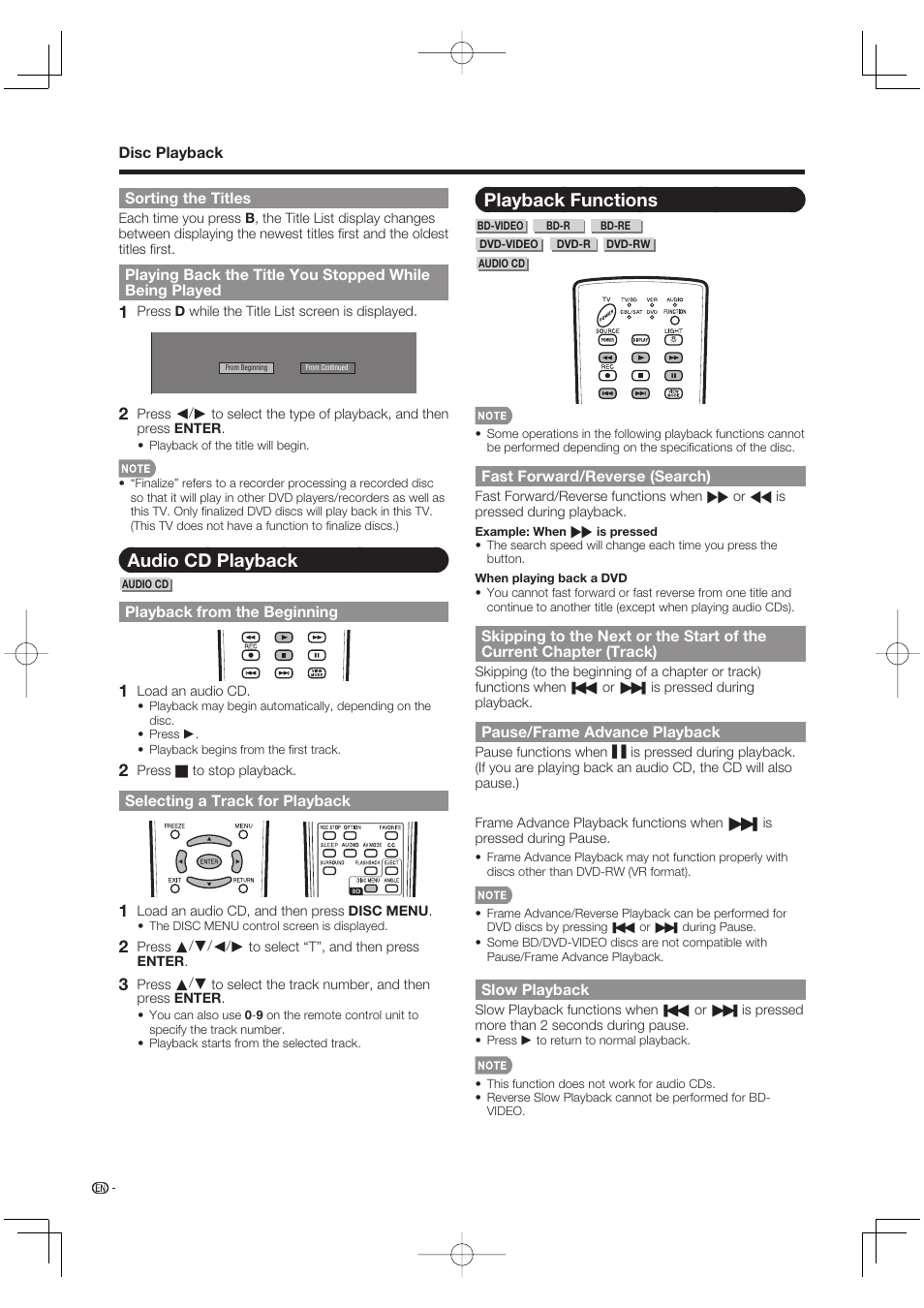 Audio cd playback, Playback functions | Sharp Aquos LC 46BD80UN User Manual | Page 28 / 65