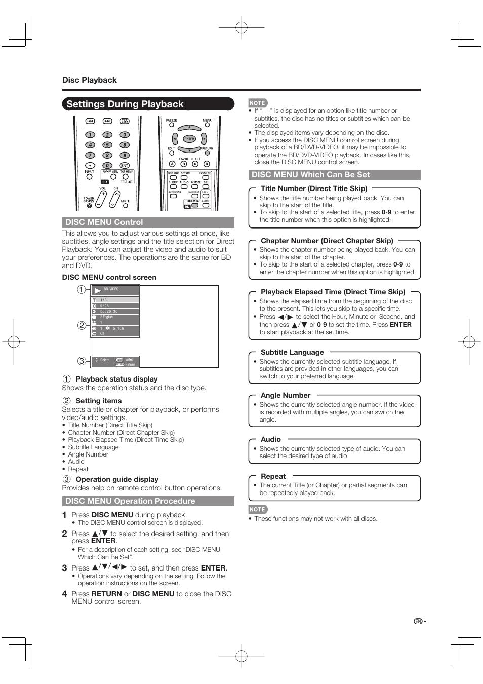 Settings during playback, Disc menu control, Disc menu operation procedure | Disc playback, Disc menu which can be set | Sharp Aquos LC 46BD80UN User Manual | Page 31 / 65