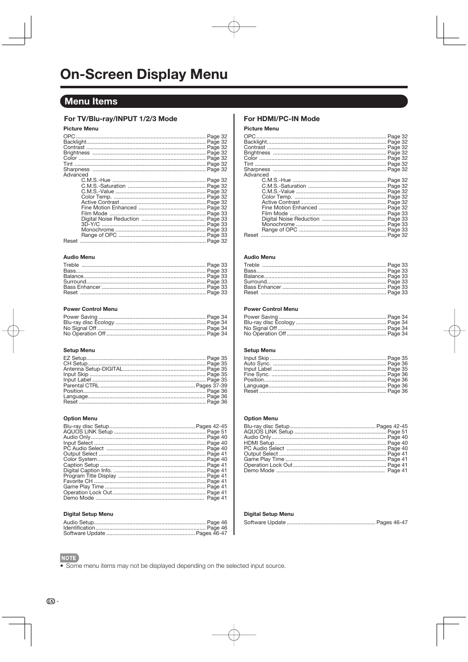 On-screen display menu, Menu items | Sharp Aquos LC 46BD80UN User Manual | Page 32 / 65