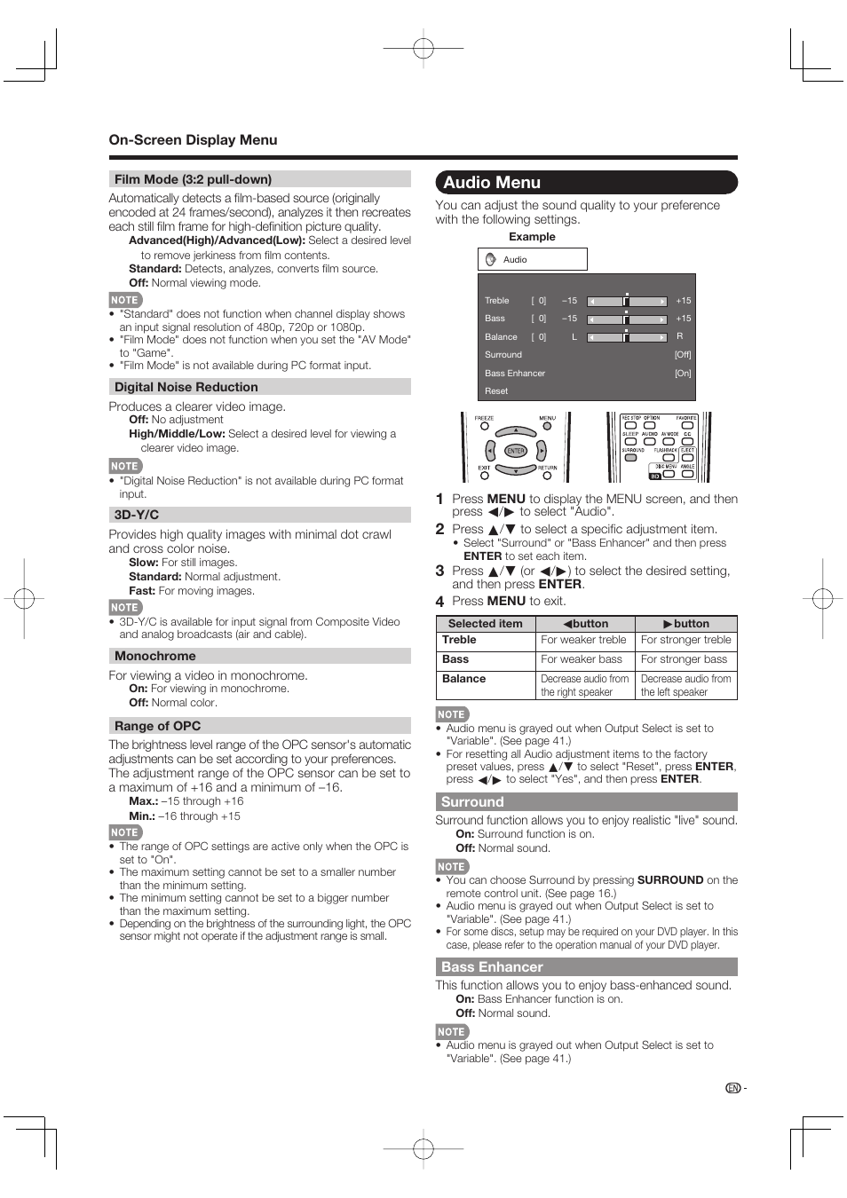 Audio menu, Surround, Bass enhancer | Sharp Aquos LC 46BD80UN User Manual | Page 35 / 65