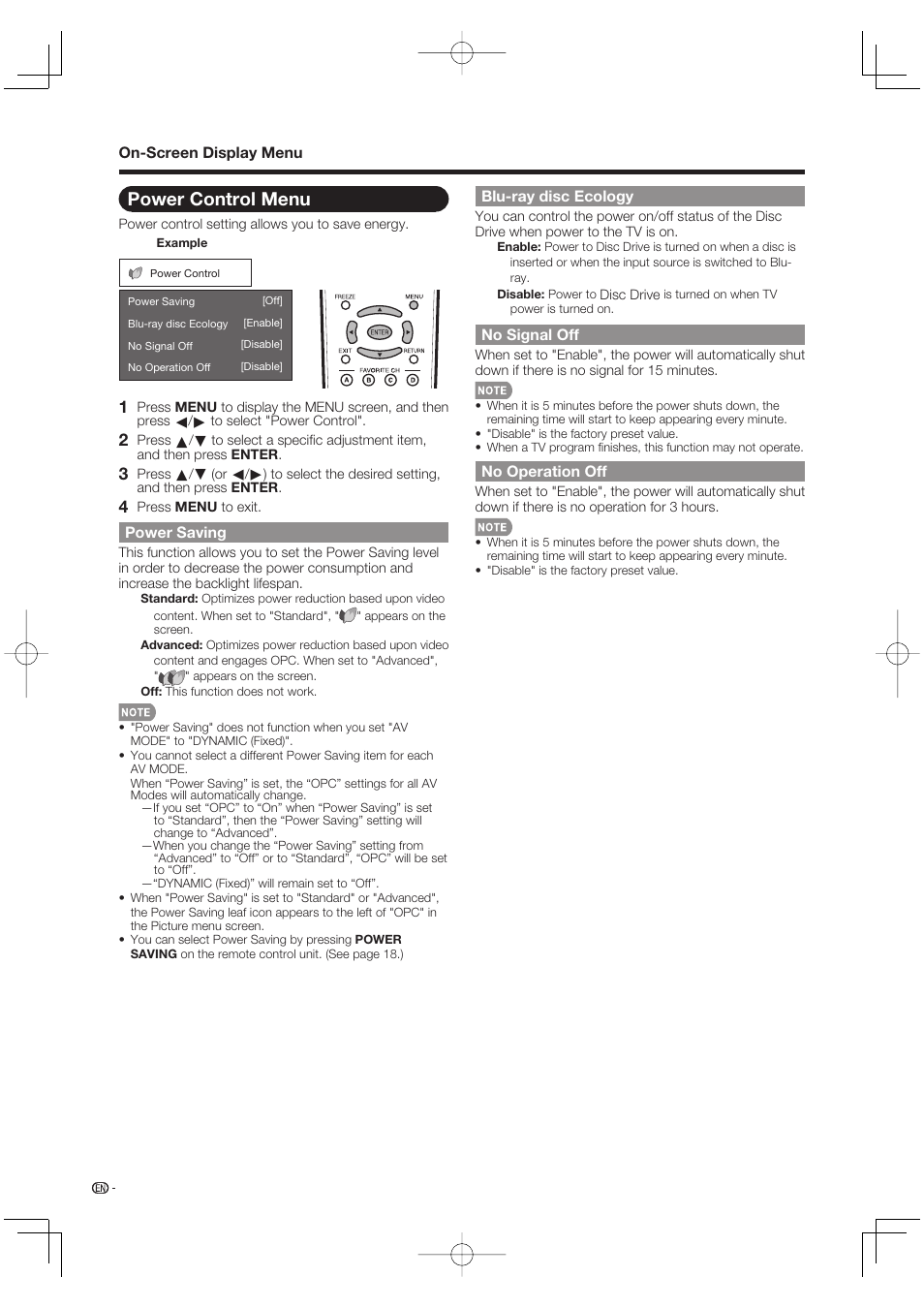 Power control menu, Power saving, Blu-ray disc ecology | No signal off, No operation off | Sharp Aquos LC 46BD80UN User Manual | Page 36 / 65