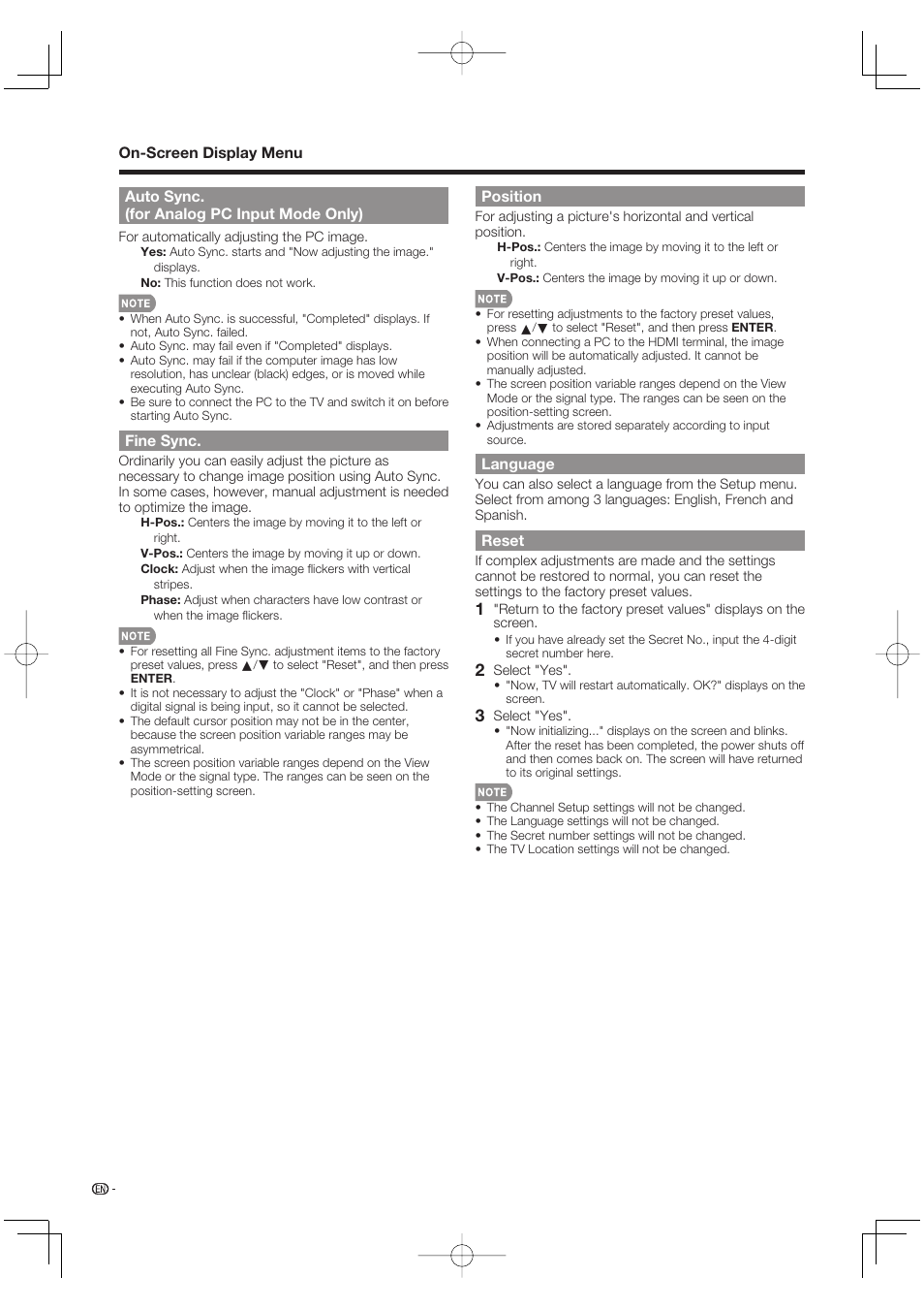 Auto sync. (for analog pc input mode only), Fine sync, Position | Language, Reset | Sharp Aquos LC 46BD80UN User Manual | Page 38 / 65