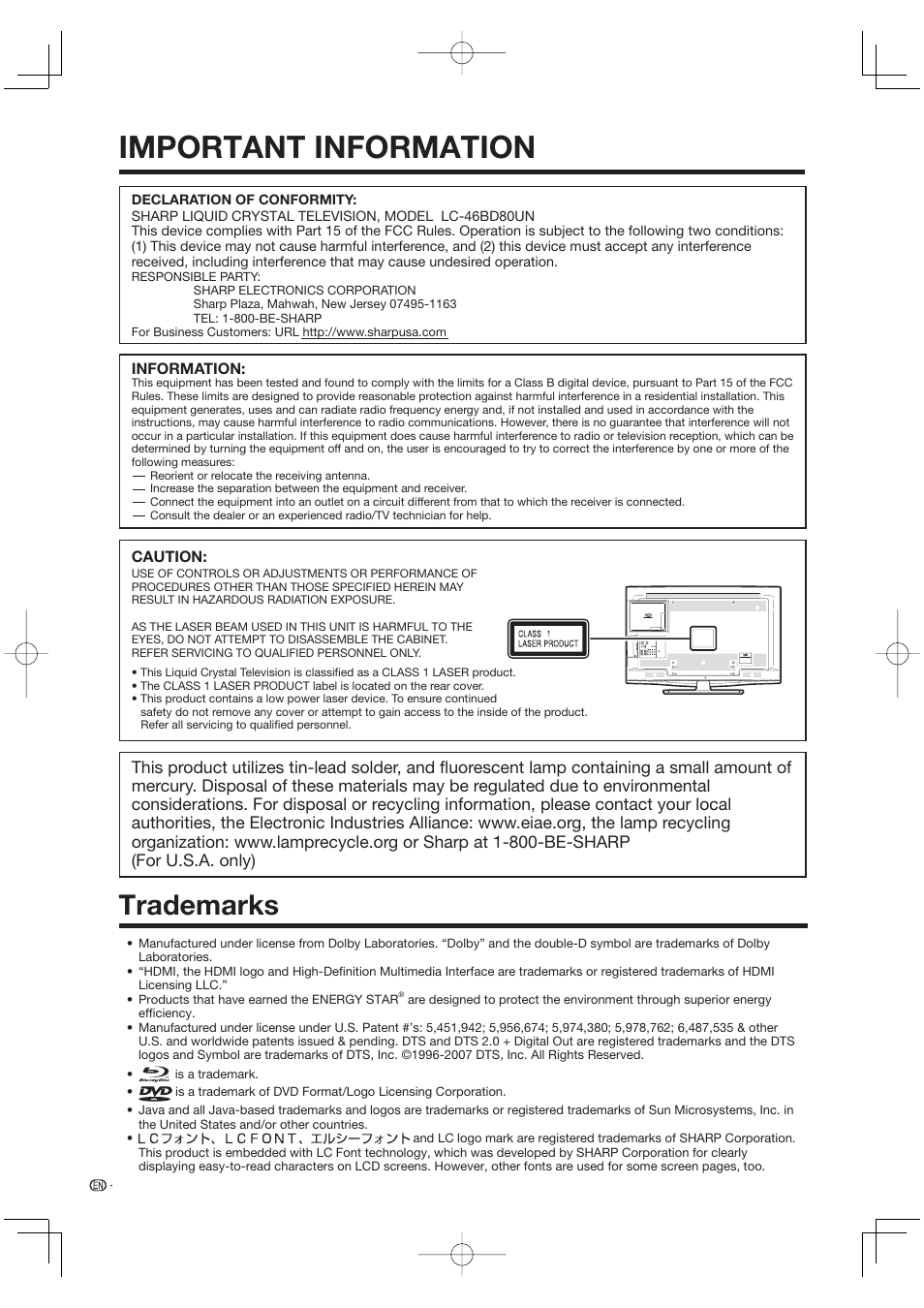 Trademarks, Important information | Sharp Aquos LC 46BD80UN User Manual | Page 4 / 65