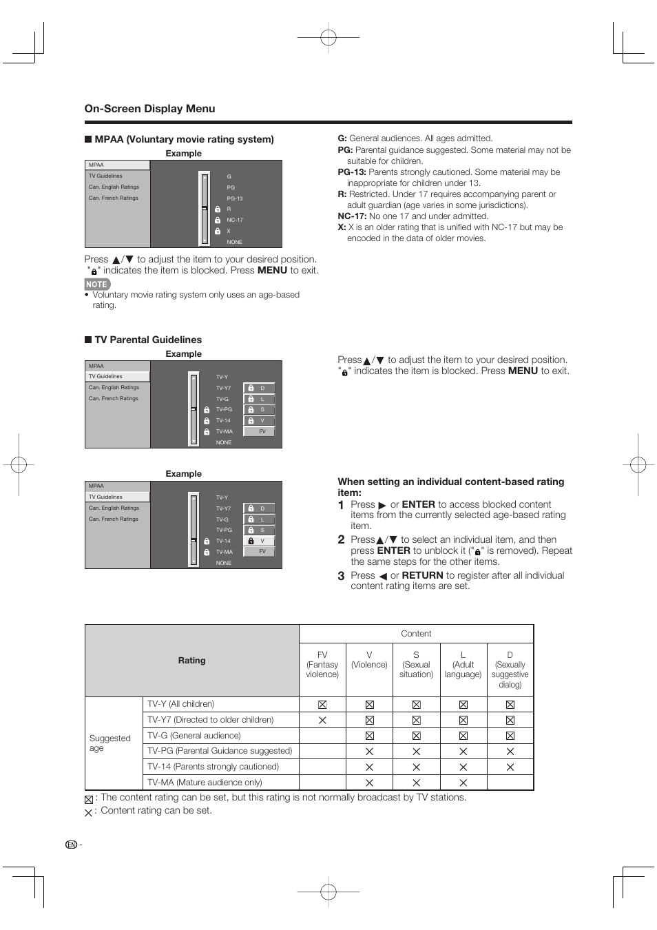 On-screen display menu | Sharp Aquos LC 46BD80UN User Manual | Page 40 / 65