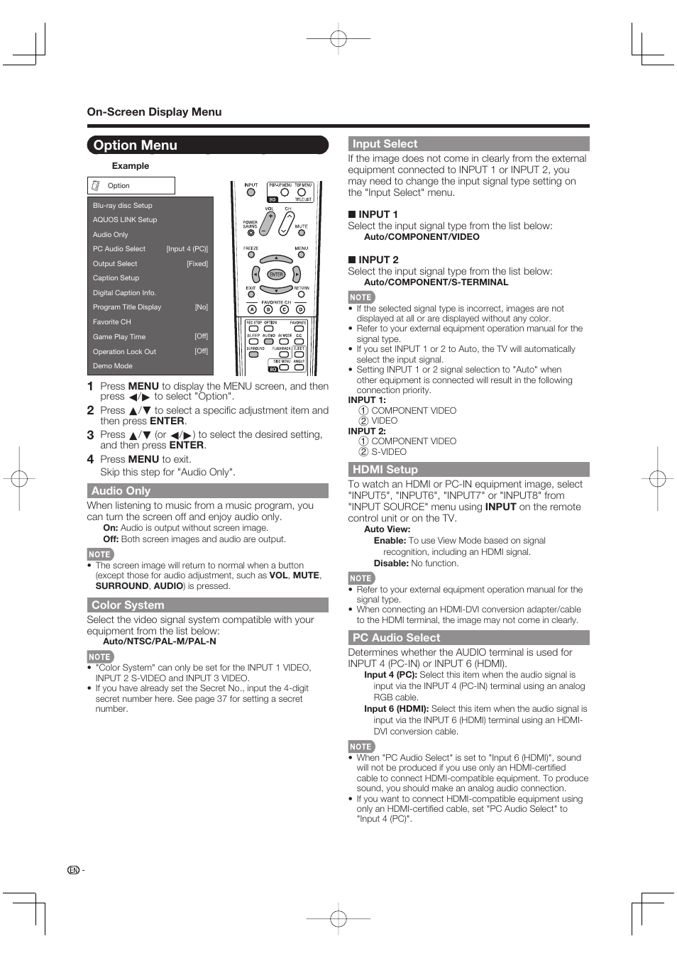 Option menu, Audio only, Color system | Input select, Hdmi setup, Pc audio select | Sharp Aquos LC 46BD80UN User Manual | Page 42 / 65