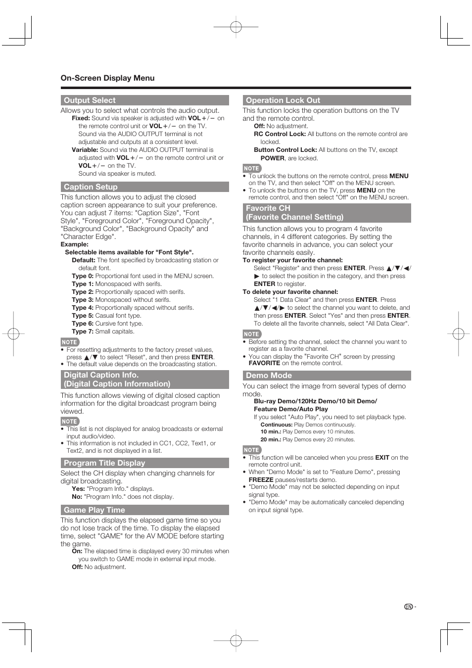 Output select, Caption setup, Program title display | Game play time, Operation lock out, Favorite ch (favorite channel setting), Demo mode | Sharp Aquos LC 46BD80UN User Manual | Page 43 / 65