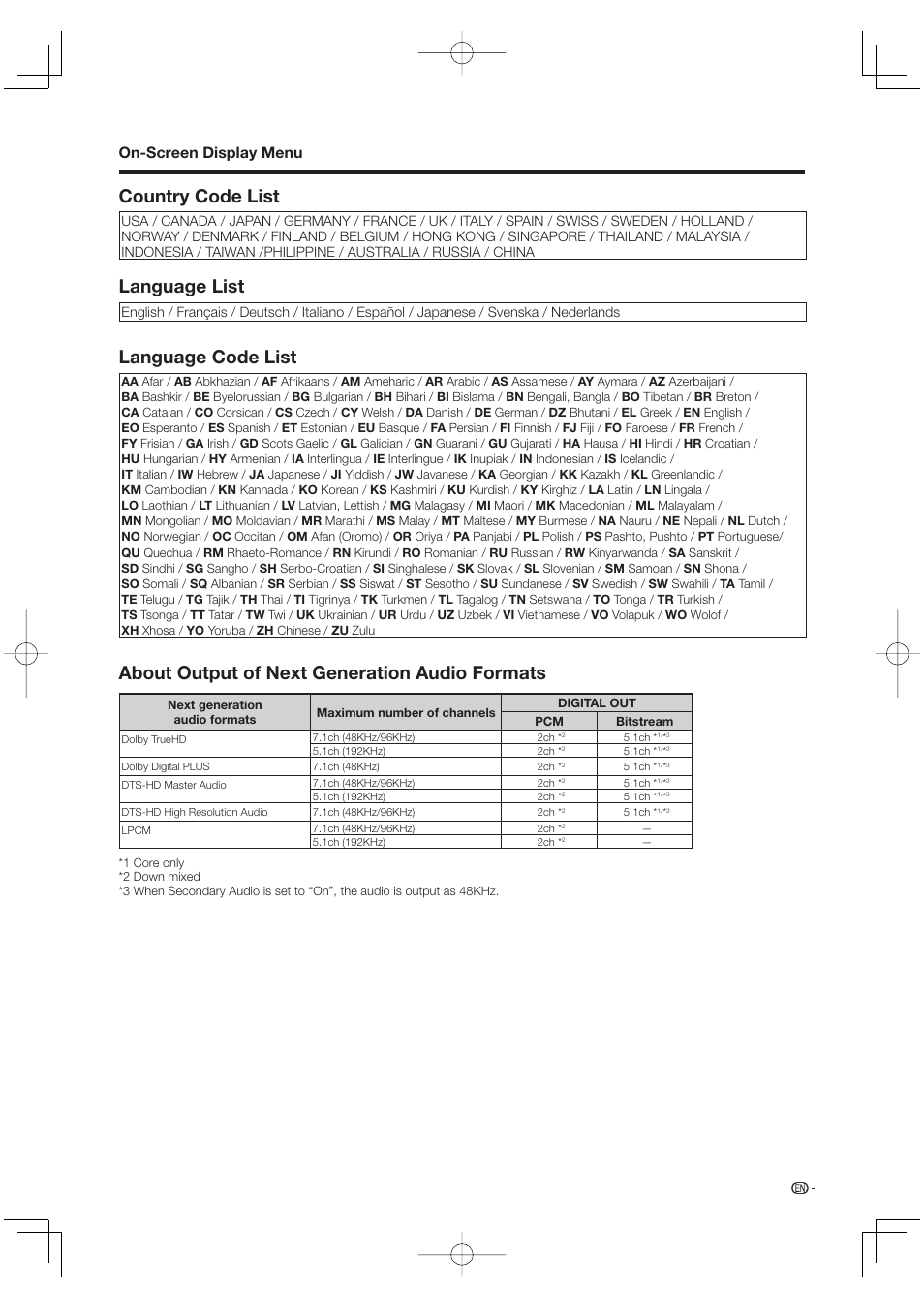 Country code list, Language list, Language code list | About output of next generation audio formats, On-screen display menu | Sharp Aquos LC 46BD80UN User Manual | Page 45 / 65