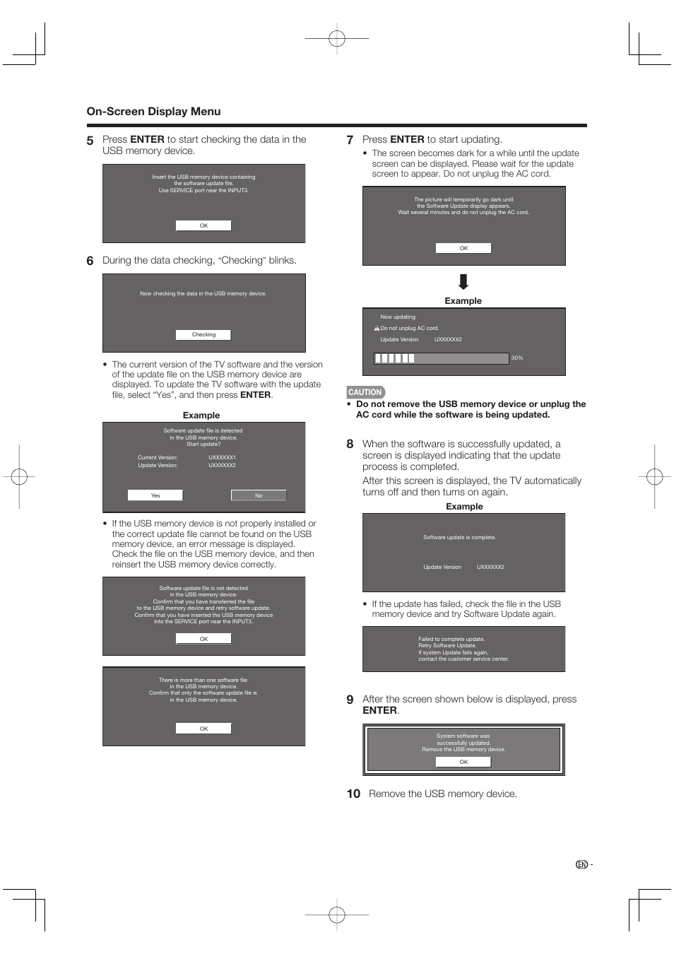 On-screen display menu, During the data checking, Checking | Blinks, Press enter to start updating | Sharp Aquos LC 46BD80UN User Manual | Page 49 / 65