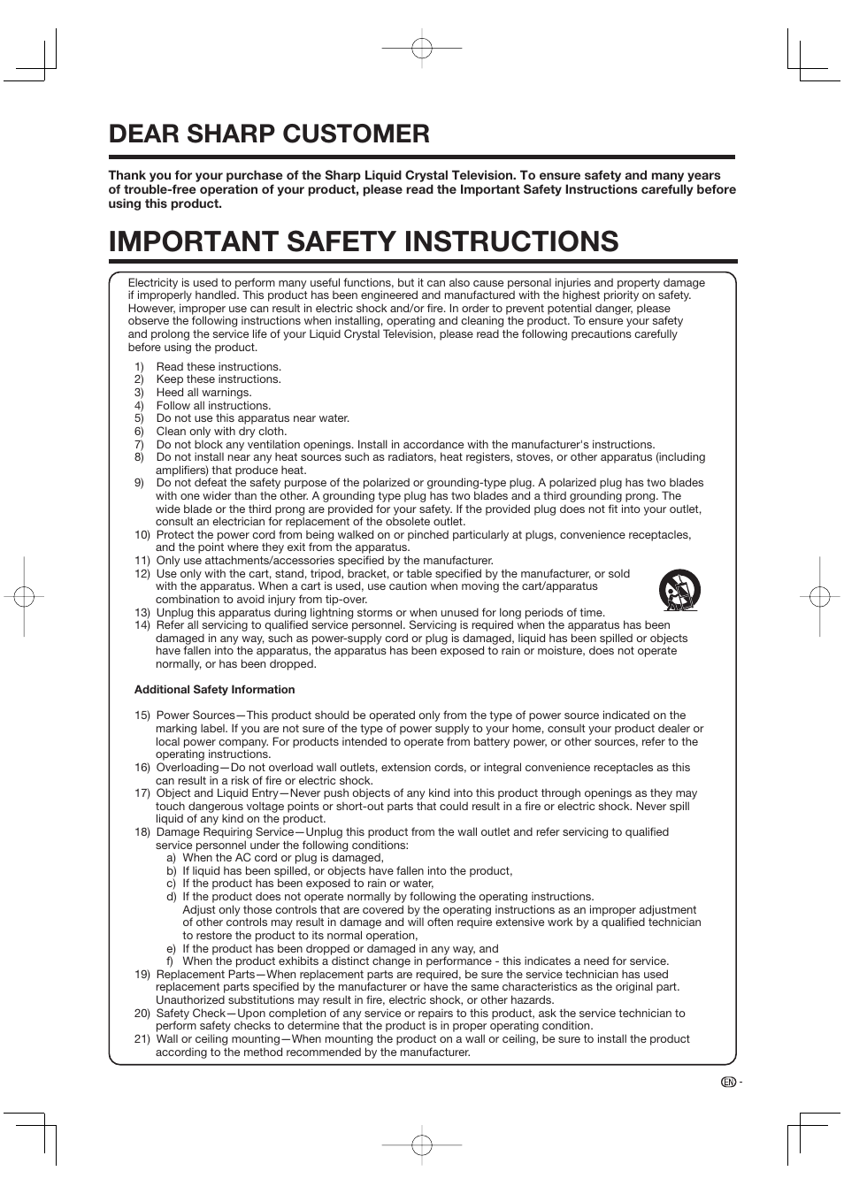 Dear sharp customer, Important safety instructions | Sharp Aquos LC 46BD80UN User Manual | Page 5 / 65