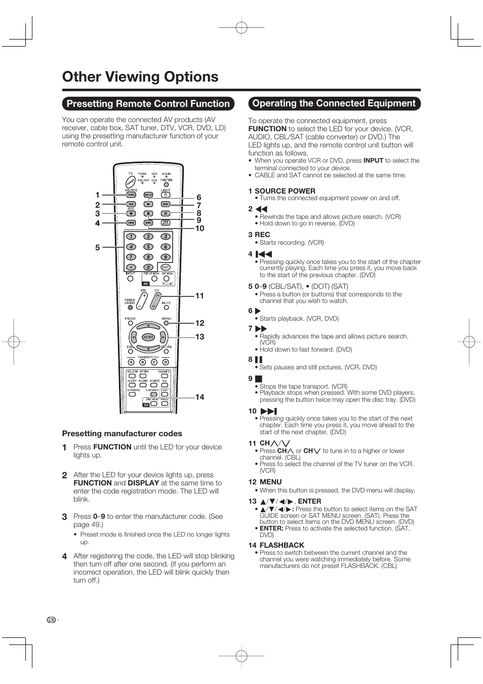 Other viewing options, Presetting remote control function, Operating the connected equipment | Sharp Aquos LC 46BD80UN User Manual | Page 50 / 65