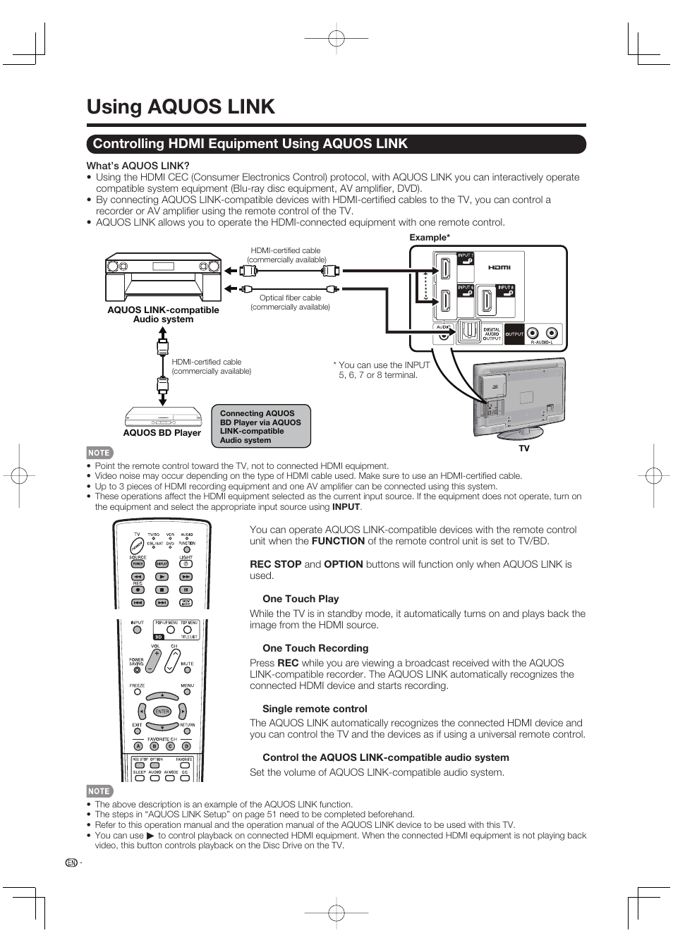 Using aquos link, Controlling hdmi equipment using aquos link | Sharp Aquos LC 46BD80UN User Manual | Page 52 / 65