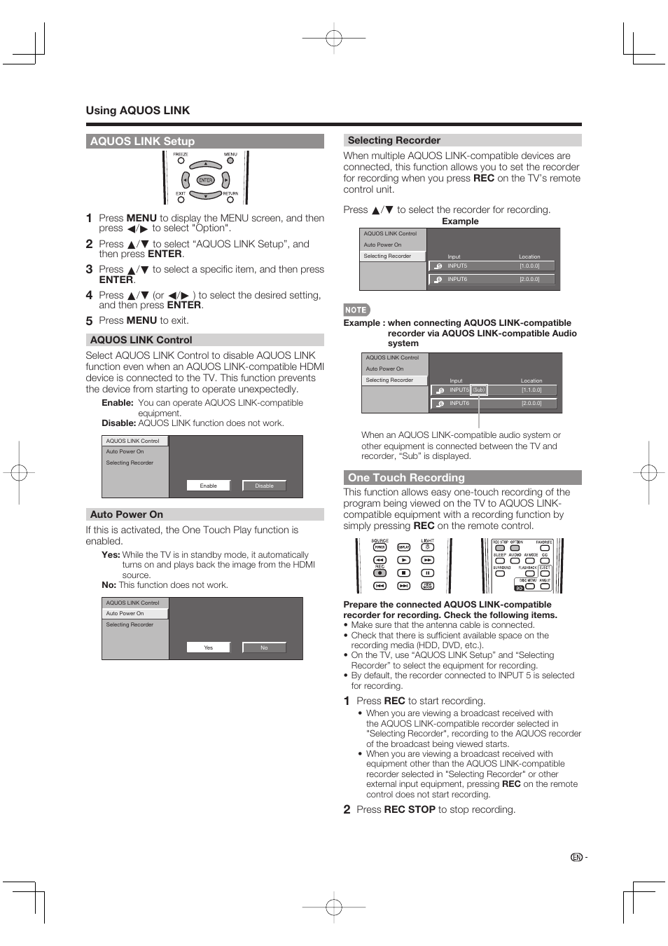 Aquos link setup, Using aquos link, One touch recording | Sharp Aquos LC 46BD80UN User Manual | Page 53 / 65