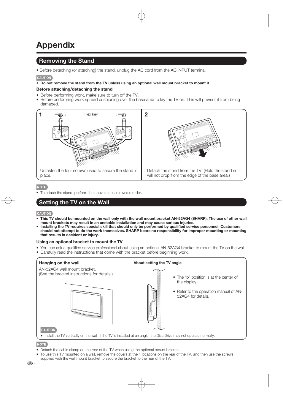 Appendix, Removing the stand, Setting the tv on the wall | Sharp Aquos LC 46BD80UN User Manual | Page 56 / 65