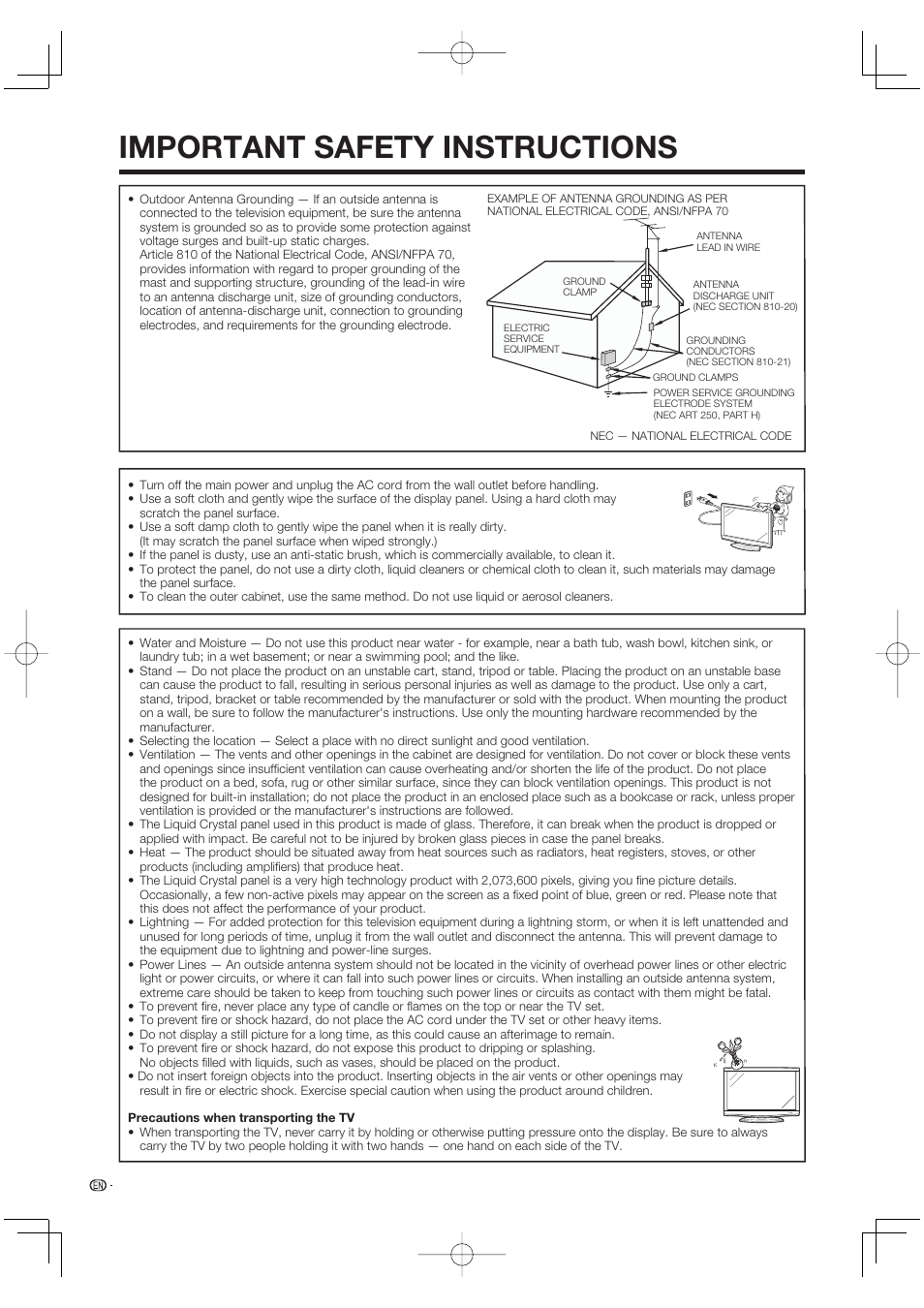 Important safety instructions | Sharp Aquos LC 46BD80UN User Manual | Page 6 / 65