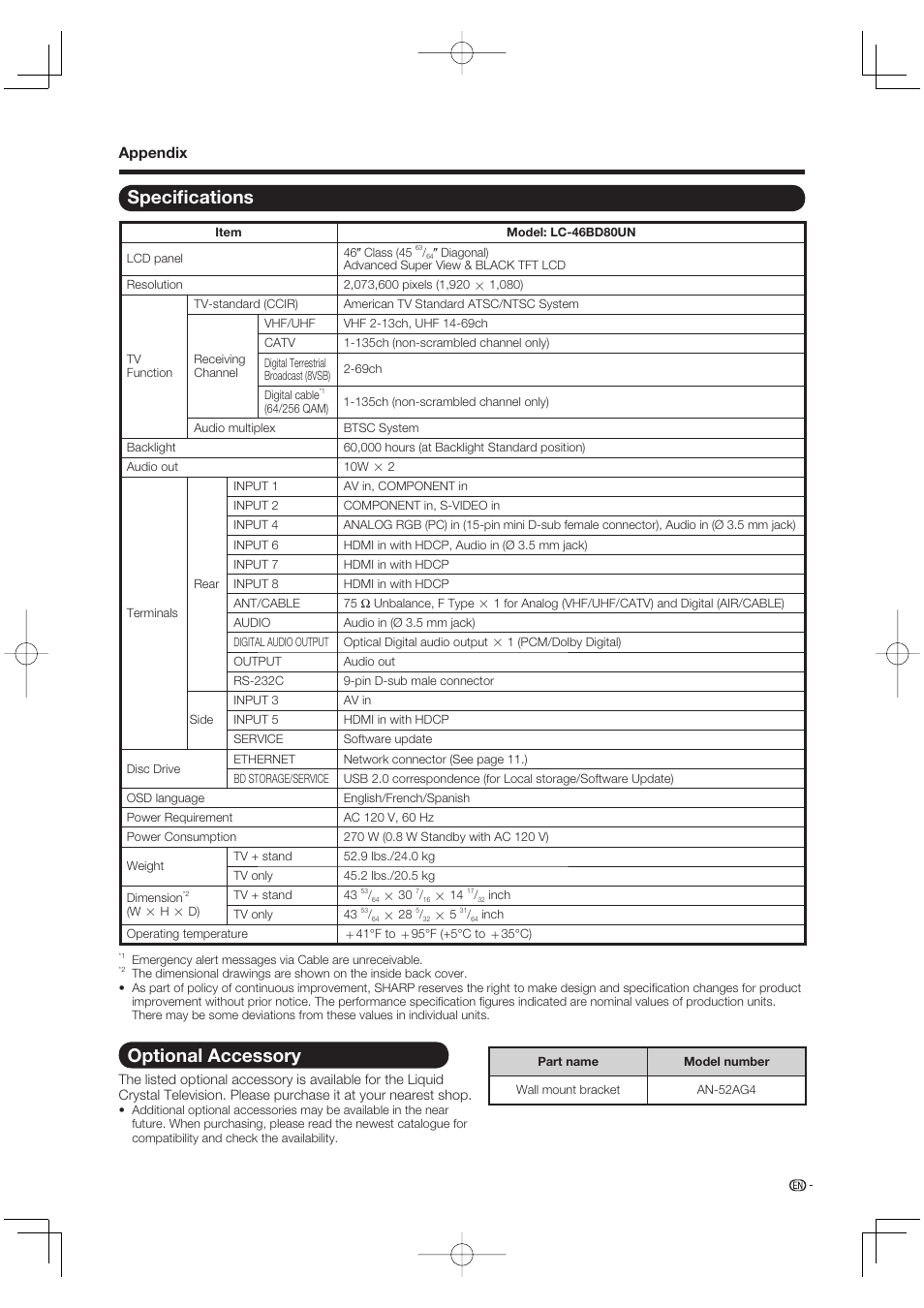 Specifications, Optional accessory, Specifi cations | Sharp Aquos LC 46BD80UN User Manual | Page 61 / 65