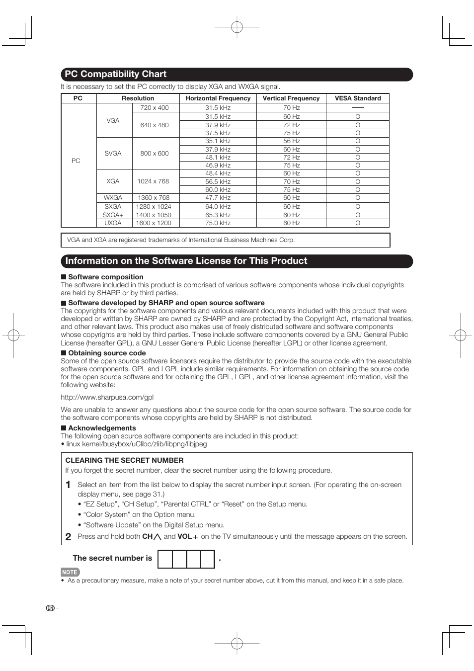 Pc compatibility chart | Sharp Aquos LC 46BD80UN User Manual | Page 62 / 65