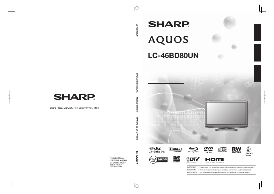 Lc-46bd80un, Sharp electronics corporation, Sharp corporation | Sharp Aquos LC 46BD80UN User Manual | Page 65 / 65