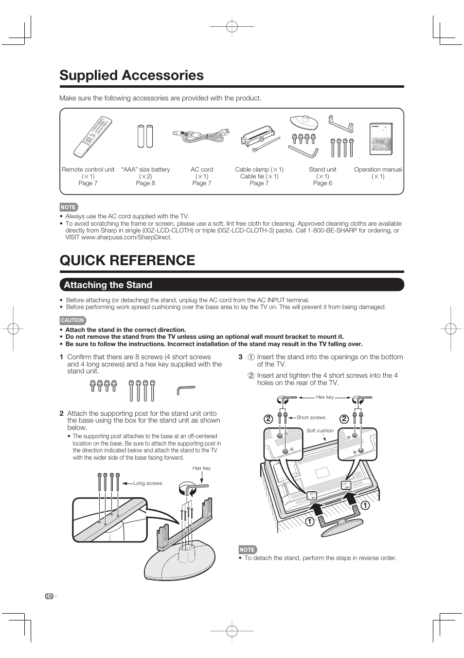 Supplied accessories, Quick reference, Attaching the stand | Sharp Aquos LC 46BD80UN User Manual | Page 8 / 65