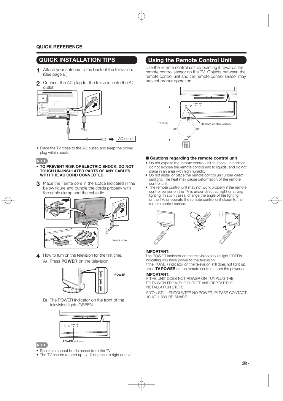 Quick installation tips, Using the remote control unit | Sharp Aquos LC 46BD80UN User Manual | Page 9 / 65