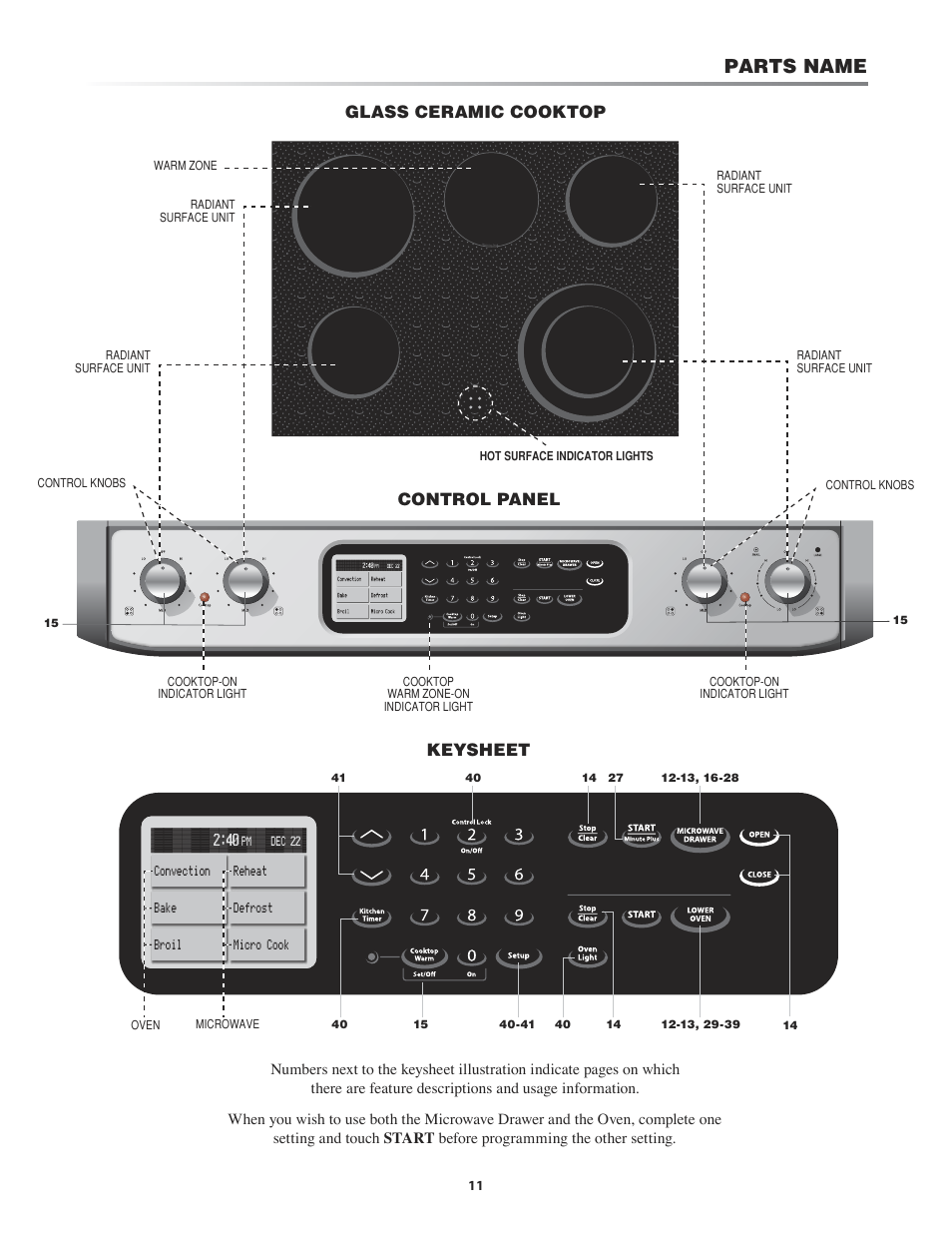 Before operating, 9 adjustable height backsplash, Operating | Parts name, Glass ceramic cooktop, Control panel, Keysheet | Sharp KB-4425J User Manual | Page 11 / 48