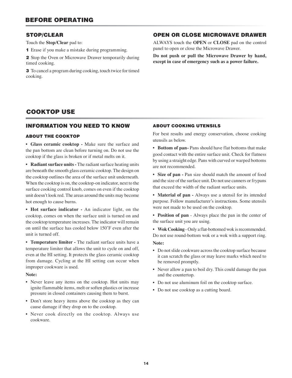 Cooktop use -15, Tion you need to know, Cooktop use before operating | Sharp KB-4425J User Manual | Page 14 / 48