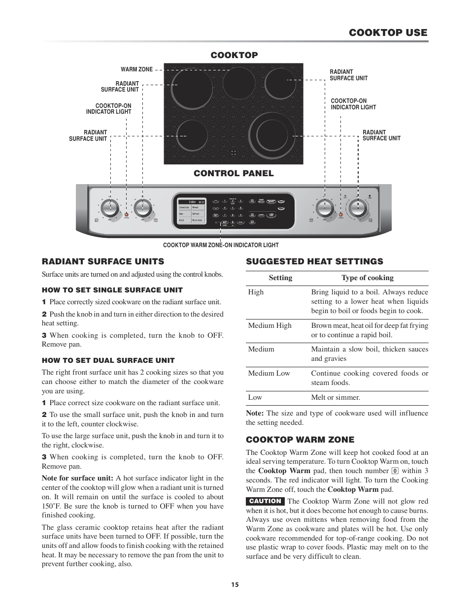 Surface units, Suggested heat settings, Cooktop use | Sharp KB-4425J User Manual | Page 15 / 48