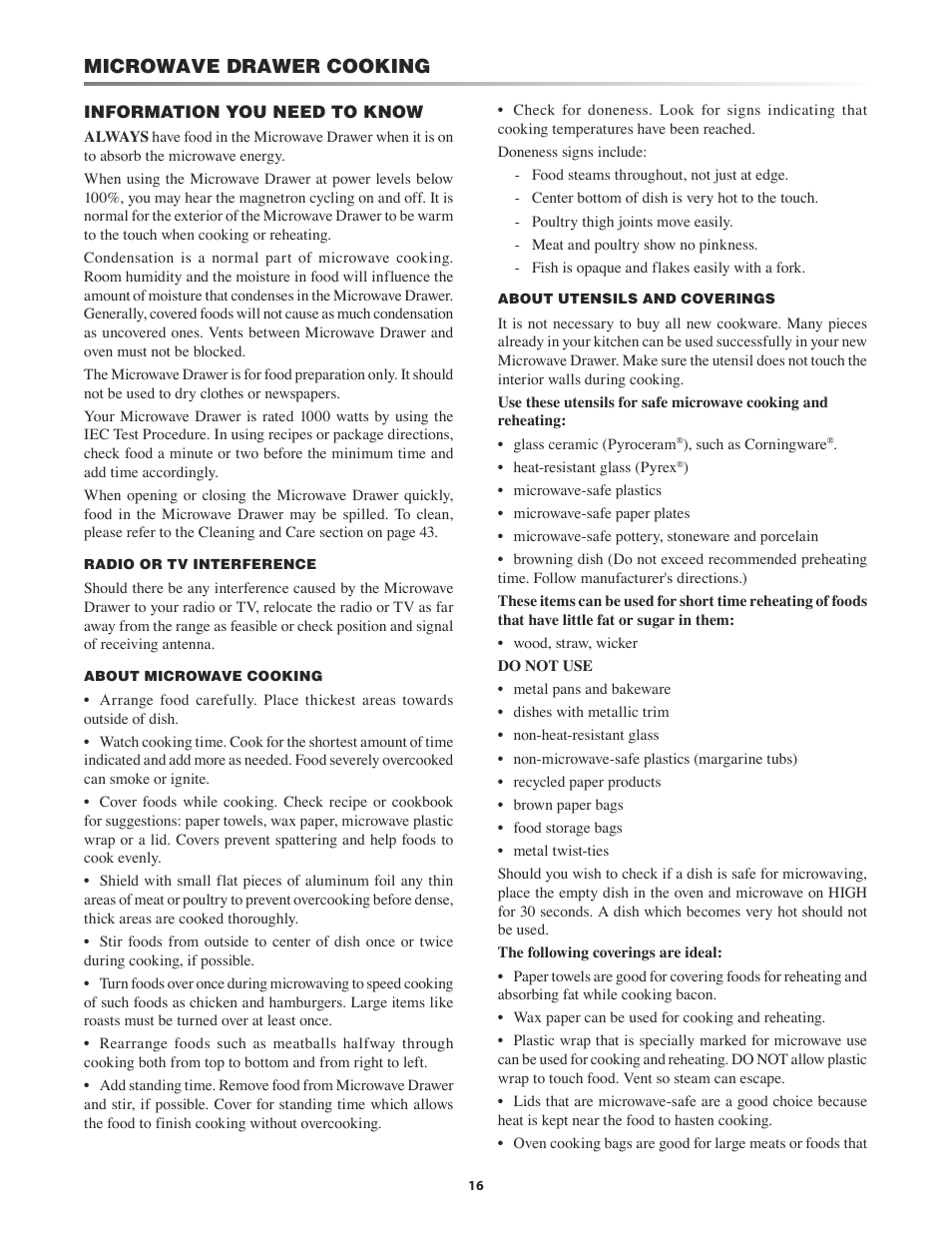 Microwave drawer, Cooking, Microwave drawer cooking -28 | Tion you need to know, Microwave drawer cooking | Sharp KB-4425J User Manual | Page 16 / 48