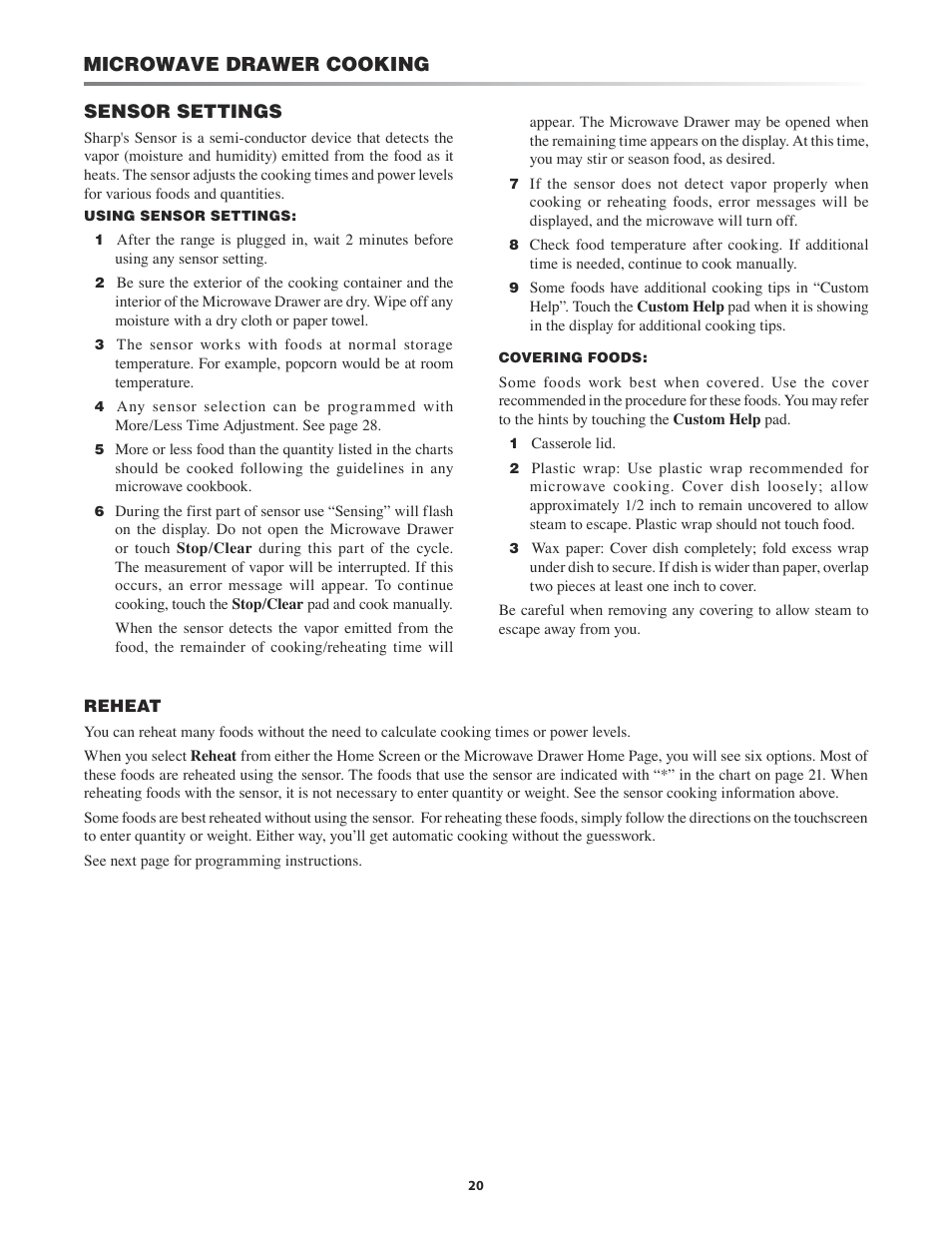 Reheat -21 popcorn, Tic cooking -25, Microwave drawer cooking | Sharp KB-4425J User Manual | Page 20 / 48