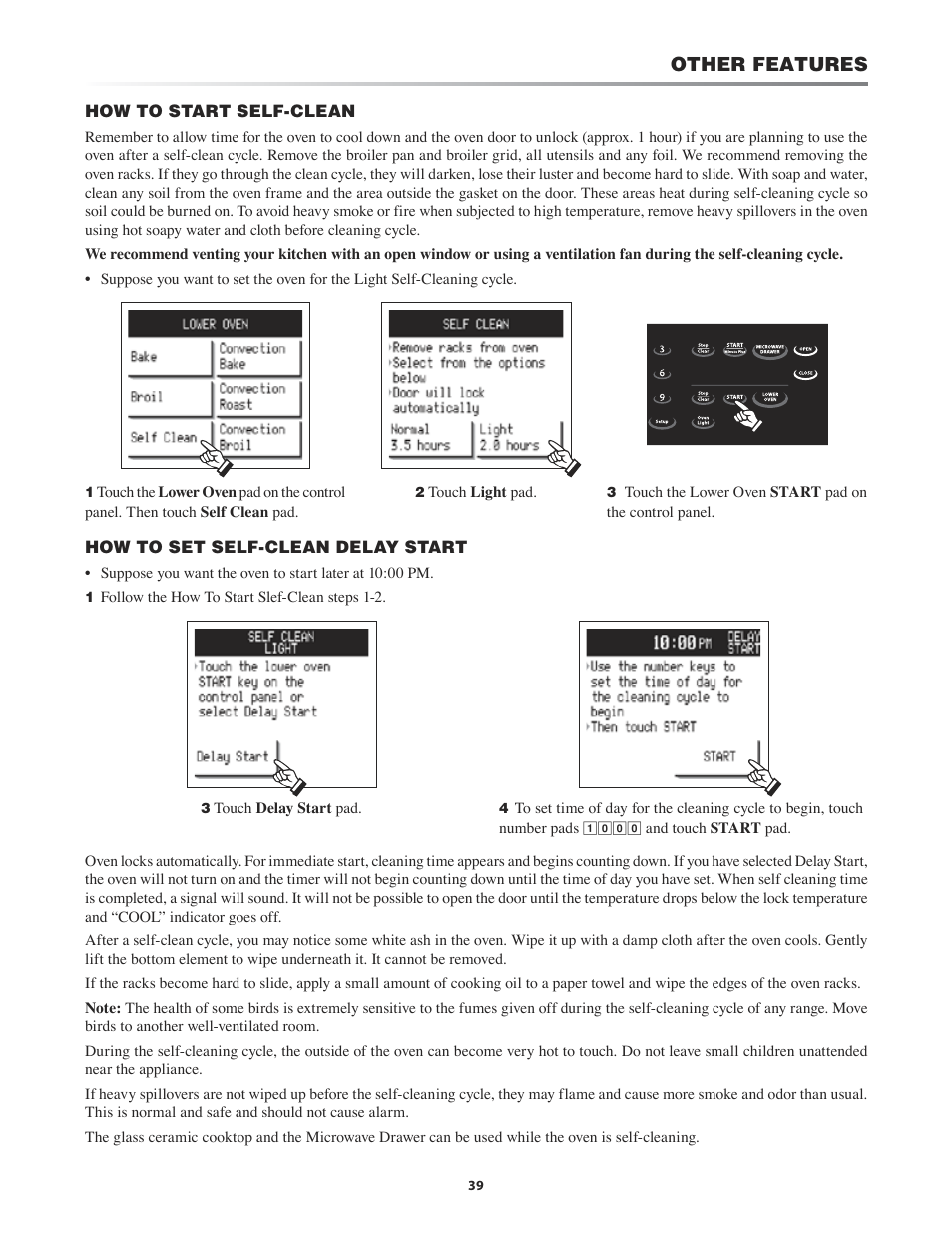 Other features, How to start self-clean, How to set self-clean delay start | Sharp KB-4425J User Manual | Page 39 / 48