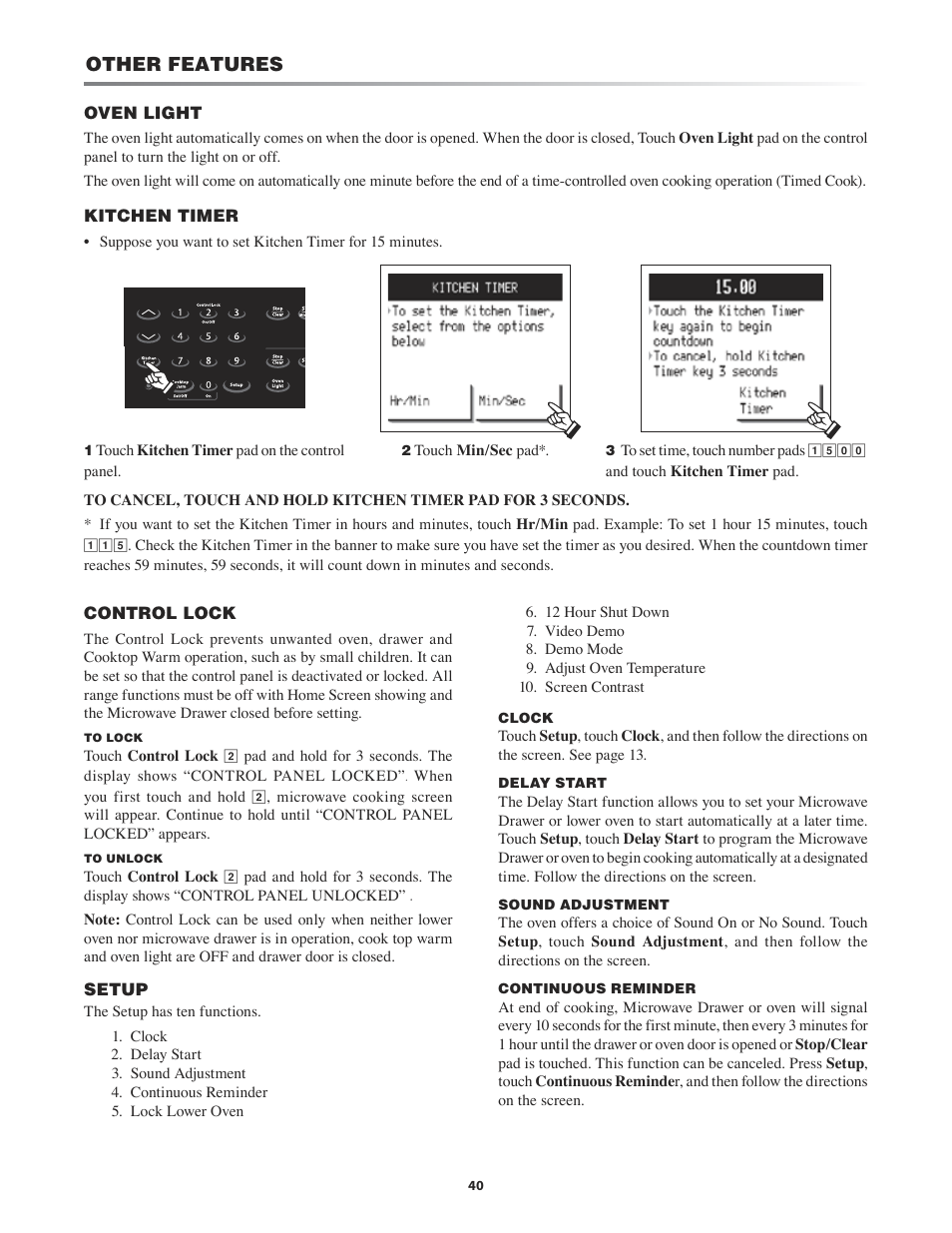 How to set delay start, Oven light, Kitchen timer | Control lock, Setup -41, Other features | Sharp KB-4425J User Manual | Page 40 / 48