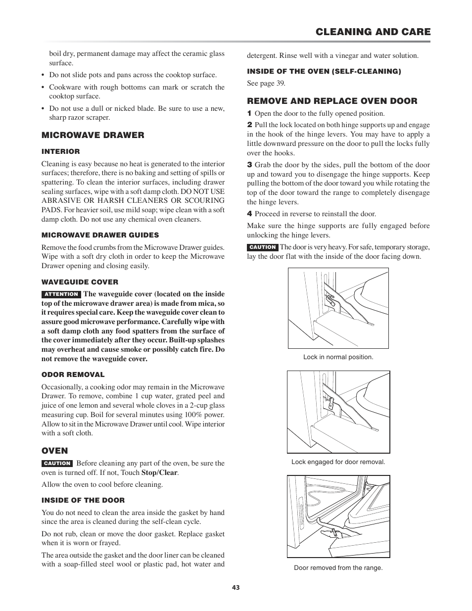 Ve drawer, Oven, Remove and replace oven door | Cleaning and care | Sharp KB-4425J User Manual | Page 43 / 48