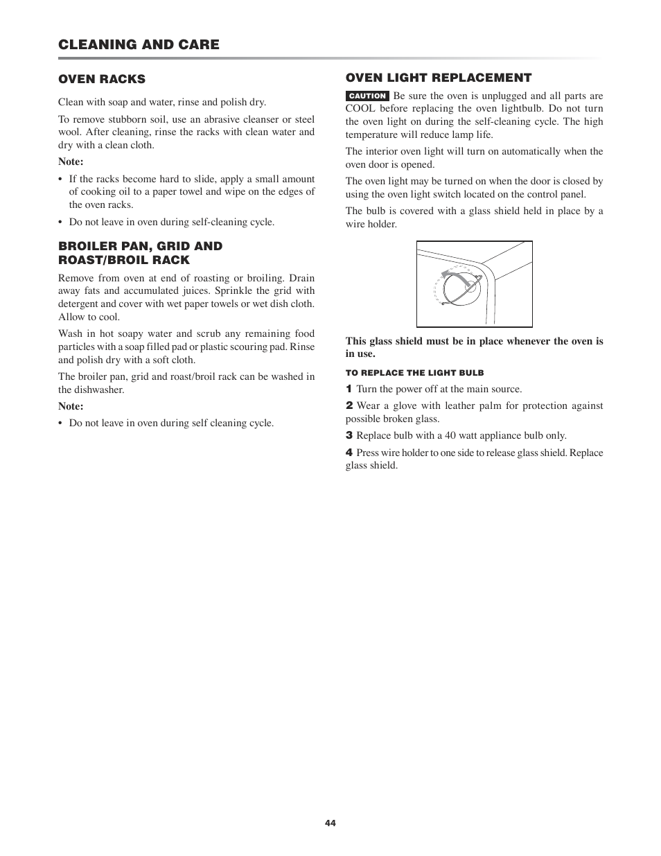 Racks, Light replacement, Back cover | Cleaning and care | Sharp KB-4425J User Manual | Page 44 / 48