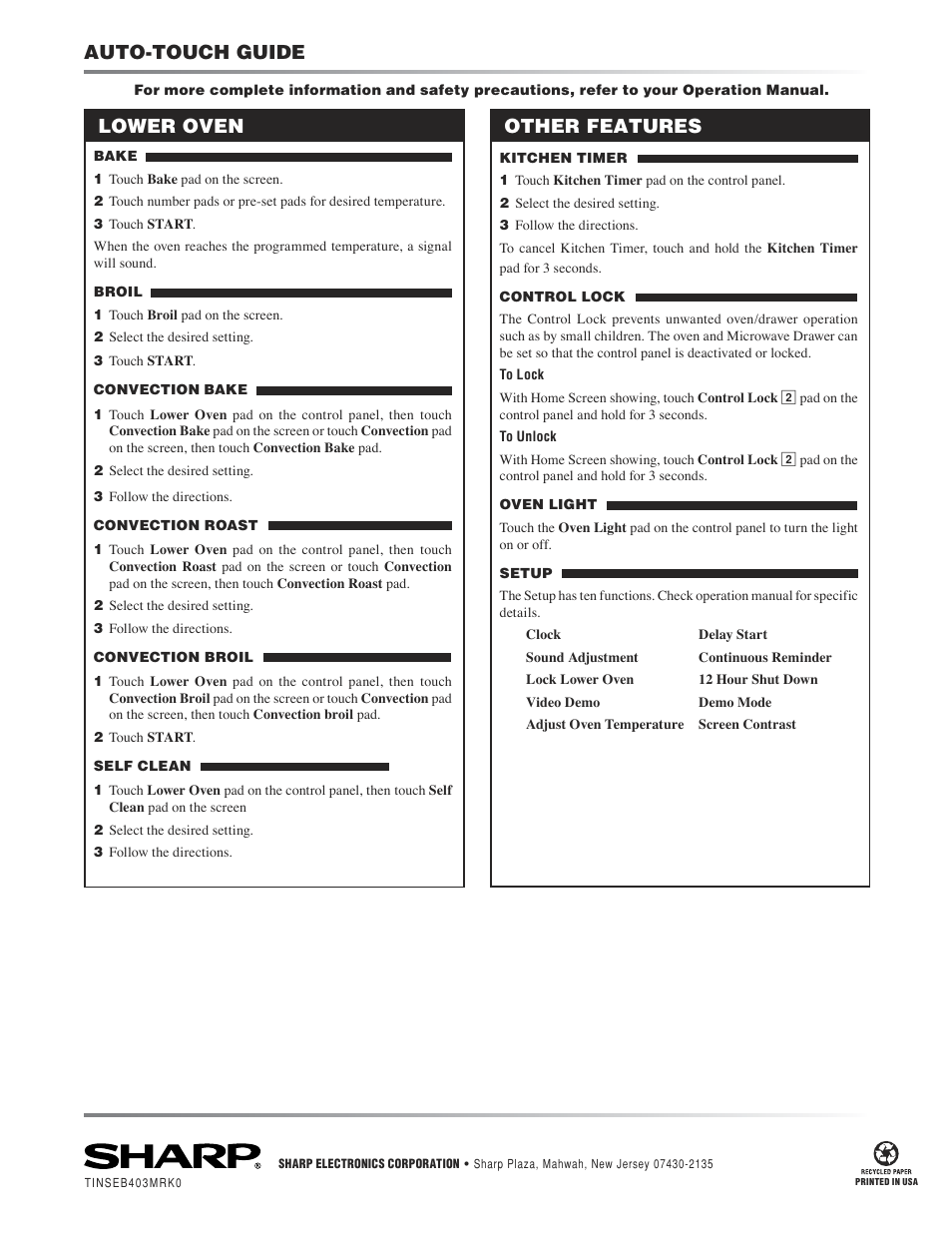 Auto-touch guide lower oven, Other features | Sharp KB-4425J User Manual | Page 48 / 48